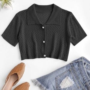 Eyelet pearly button up knitted top